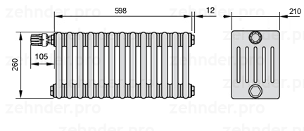 Схема (чертеж) Радиатор Zehnder Charleston 6026/13 №V011 Белый глянцевый RAL 9016